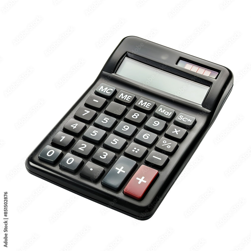 Close-up of a black calculator with red and blue buttons, isolated on transparent background, idea for business and financial calculations. Close-up of a black calculator with red and blue buttons, isolated on transparent background, idea for business and financial calculations.