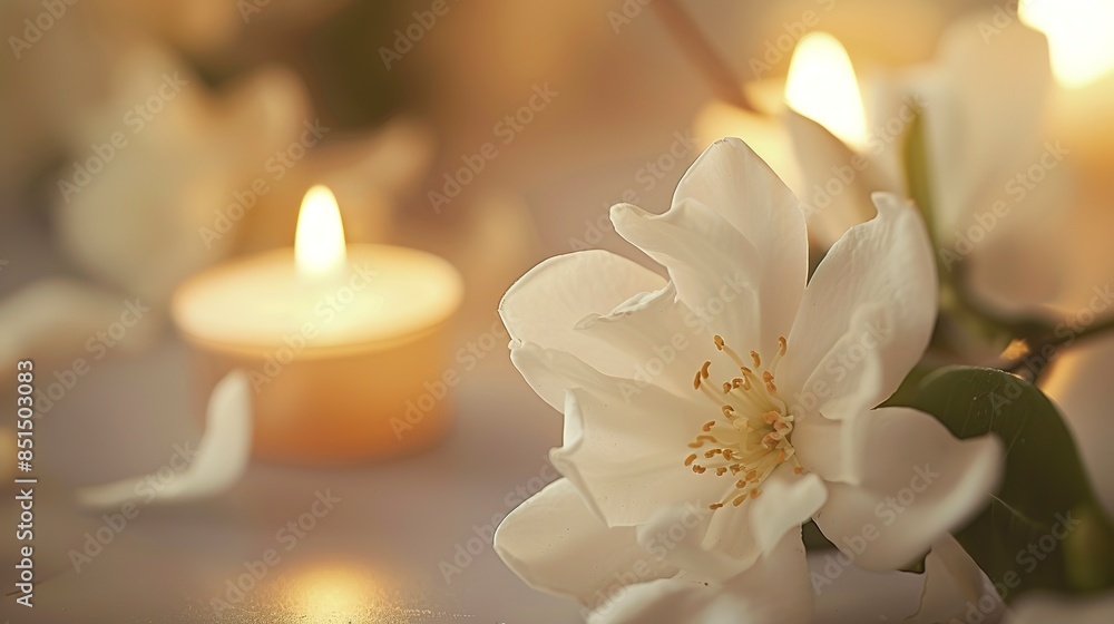 Jasmine flower, close-up, delicate white petals, gentle candlelight, detailed textures, romantic backdrop. Jasmine flower, close-up, delicate white petals, gentle candlelight, detailed textures, romantic backdrop.