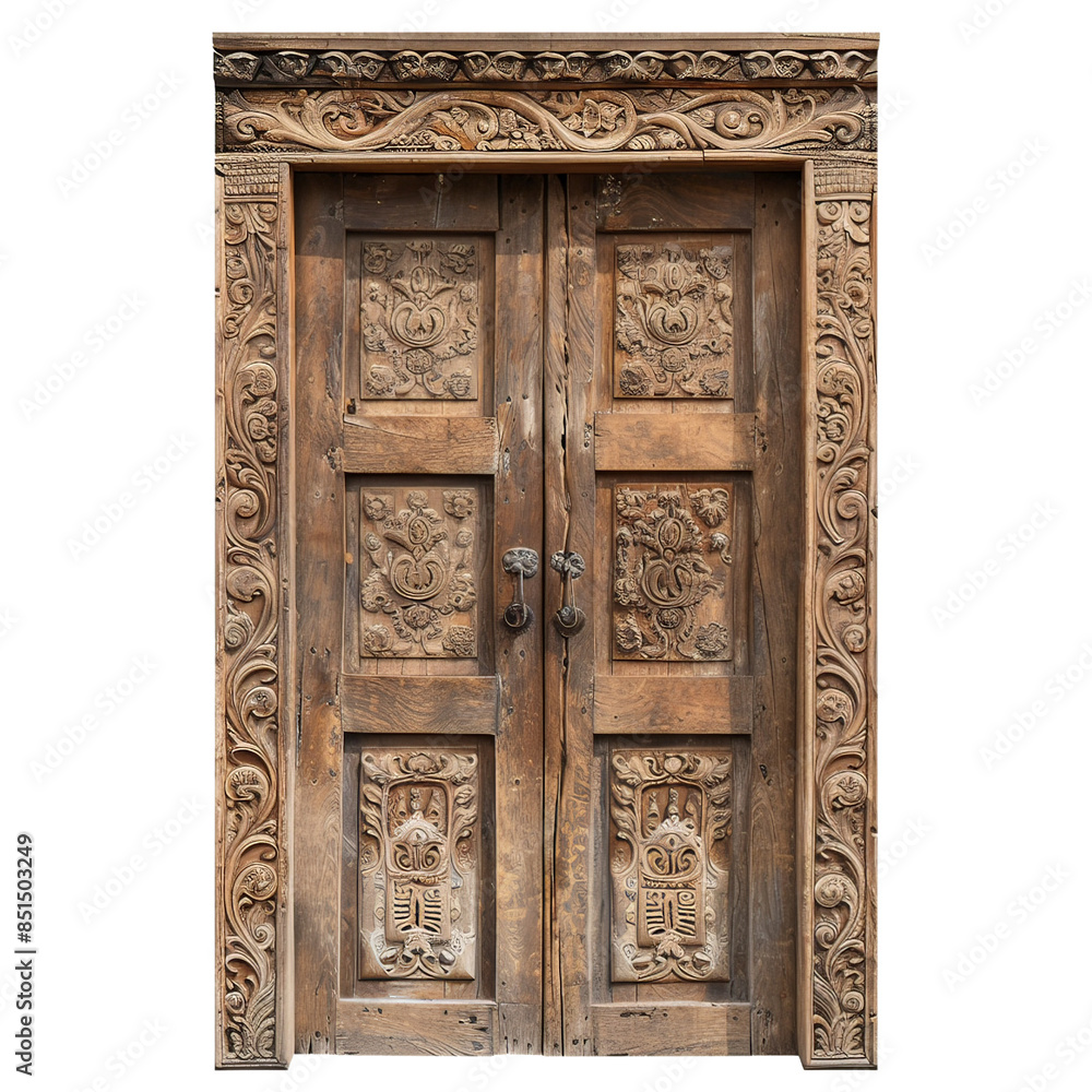 Intricately carved wooden door with floral patterns and vintage design, perfect for architectural and historical themes. Intricately carved wooden door with floral patterns and vintage design, perfect for architectural and historical themes.