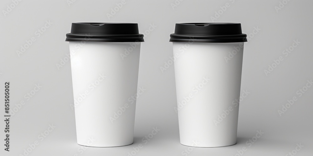 Two White Paper Coffee Cups With Black Lids On Grey Backdrop. Takeaway Disposable Eco Coffee Cups. Generative AI Two White Paper Coffee Cups With Black Lids On Grey Backdrop. Takeaway Disposable Eco Coffee Cups. Generative AI