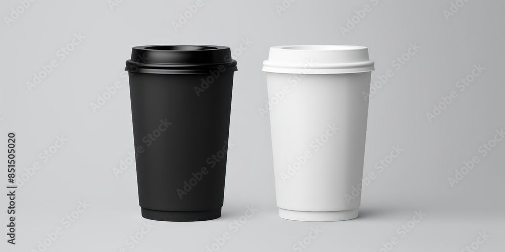 Black And White Takeaway Paper Coffee Cups On Grey Background. Disposable Coffee Cups Mockup. Generative AI Black And White Takeaway Paper Coffee Cups On Grey Background. Disposable Coffee Cups Mockup. Generative AI