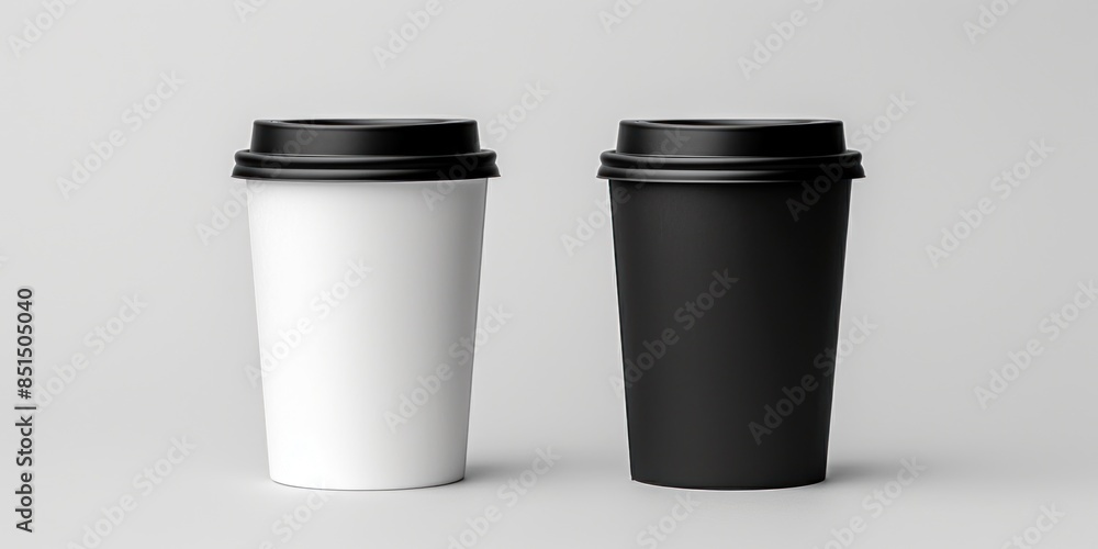 Paper Coffee Cups With Black Lids On Grey Backdrop. Minimalist Design Of Black And White Takeaway Coffee Cups. Generative AI Paper Coffee Cups With Black Lids On Grey Backdrop. Minimalist Design Of Black And White Takeaway Coffee Cups. Generative AI