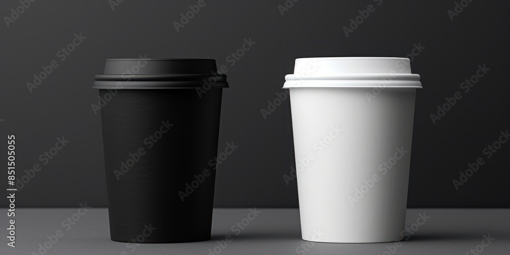 Black And White Paper Coffee Cups On Dark Background. Hot Drink In Disposable Cups. Caffeine Beverage. Generative AI Black And White Paper Coffee Cups On Dark Background. Hot Drink In Disposable Cups. Caffeine Beverage. Generative AI
