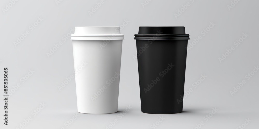 Two Paper To Go Coffee Cups In Black And White. Disposable Unbranded Takeaway Cups. Generative AI Two Paper To Go Coffee Cups In Black And White. Disposable Unbranded Takeaway Cups. Generative AI