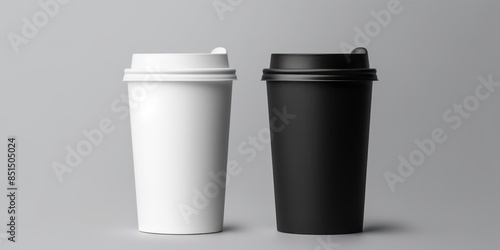 Wallpaper Mural Black and White Paper Cups with Lids on a Grey Background. Disposable Coffee Cups. Recyclable To-Go Utility. Generative AI Torontodigital.ca