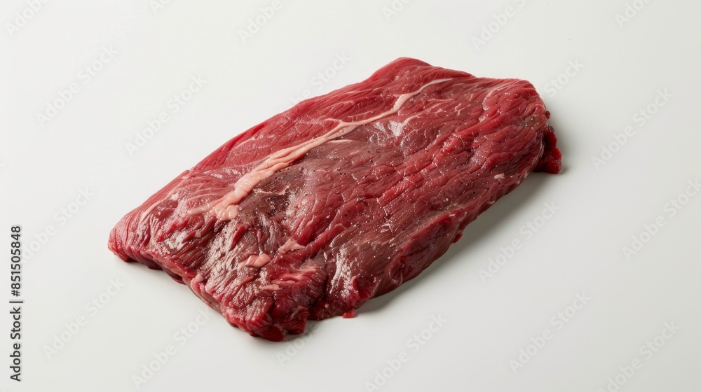 Minimalist Elegance - Raw Flank Steak Presentation on White Background Minimalist Elegance - Raw Flank Steak Presentation on White Background