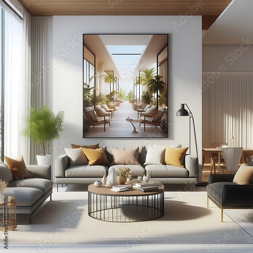 A living room style interior set design with a mockup poster empty white and with a large picture of A room style interior set design engaging.