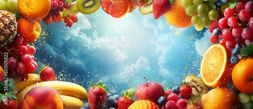 Frame with fruits, and blue sky in the midl. Free space for edit. Vibrant Fruit Explosion in the Sky