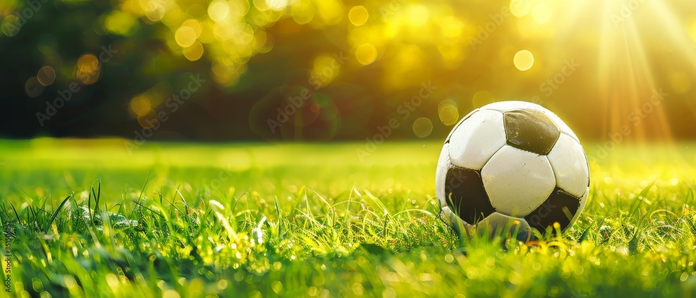 Fototapeta premium soccer ball on grass with morning sunrise. Free space for edit