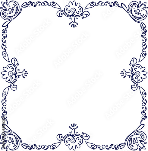 Elegant frame made of primitive botanical elements in doodle style in blue color for wedding design, celebrations, websites, cards. Digital illustration