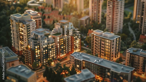 A beautiful aerial view of a modern city. The warm light of the setting sun casts a glow over the buildings and streets. © Farm