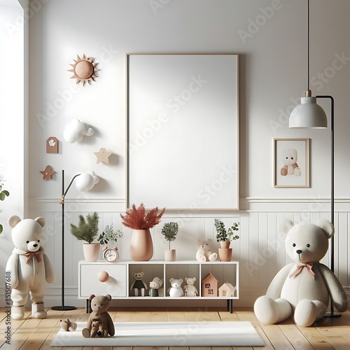 A room style interior set design with teddy bears and a white shelf informative creative creative.