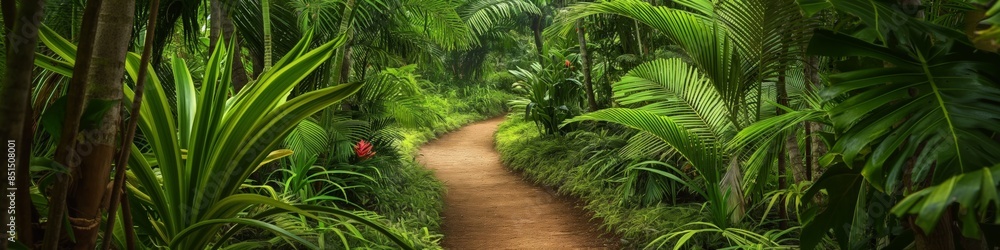 A vibrant tropical forest trail with lush foliage, perfect for hiking and nature exploration. A vibrant tropical forest trail with lush foliage, perfect for hiking and nature exploration.