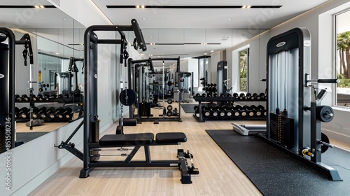 modern home gym with sleek equipment, a mirrored wall, and ample space for various workouts