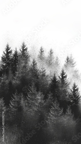 A black and white pointillist drawing of a forest photo