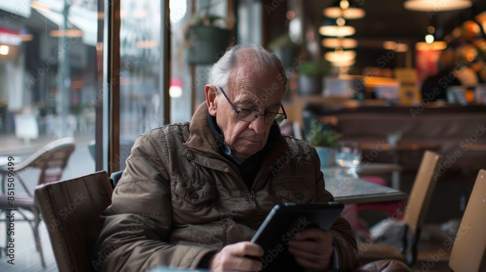Elderly man engrossed in reading digital books on his e-reader at a coffee shop Elderly man engrossed in reading digital books on his e-reader at a coffee shop