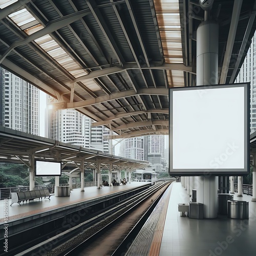 A train station with A billboard large empty white on the stree design graphict sidewalk relevant engaging. photo