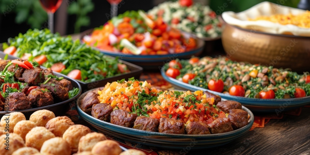 Obraz premium A close-up of a table spread with delicious traditional dishes for Ramadan