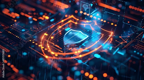 Digital shield icon over financial icons insurance cybersecurity