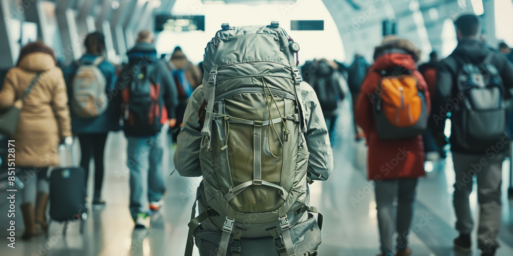 A man with a backpack navigates through the hustle and bustle of an railway station terminal A man with a backpack navigates through the hustle and bustle of an railway station terminal