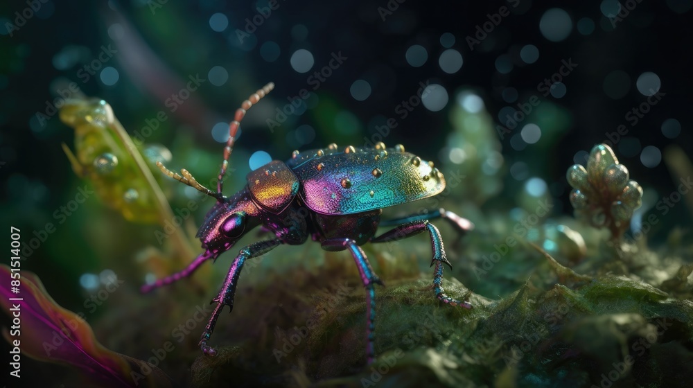 Iridescent bug in a magical fairy forest Iridescent bug in a magical fairy forest