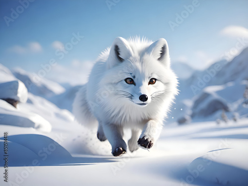 White arctic fox in the snowy mountains