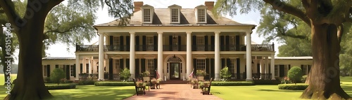colonial plantation house surrounded by lush trees, featuring a white porch and brown roof, with a tall tree in the foreground © Boraryn