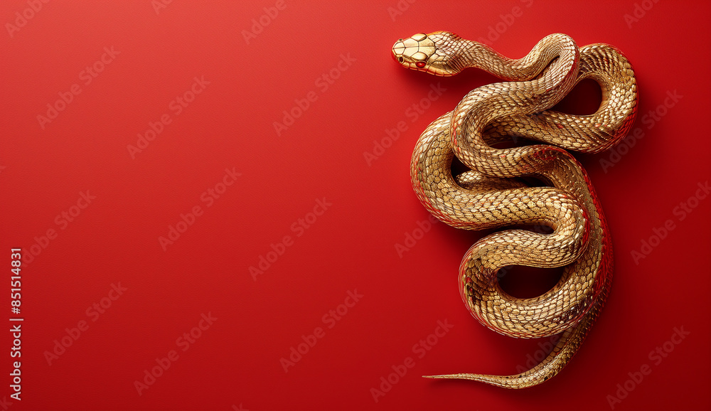Golden snake symbol of 2025 isolated on red background. Golden snake symbol of 2025 isolated on red background.