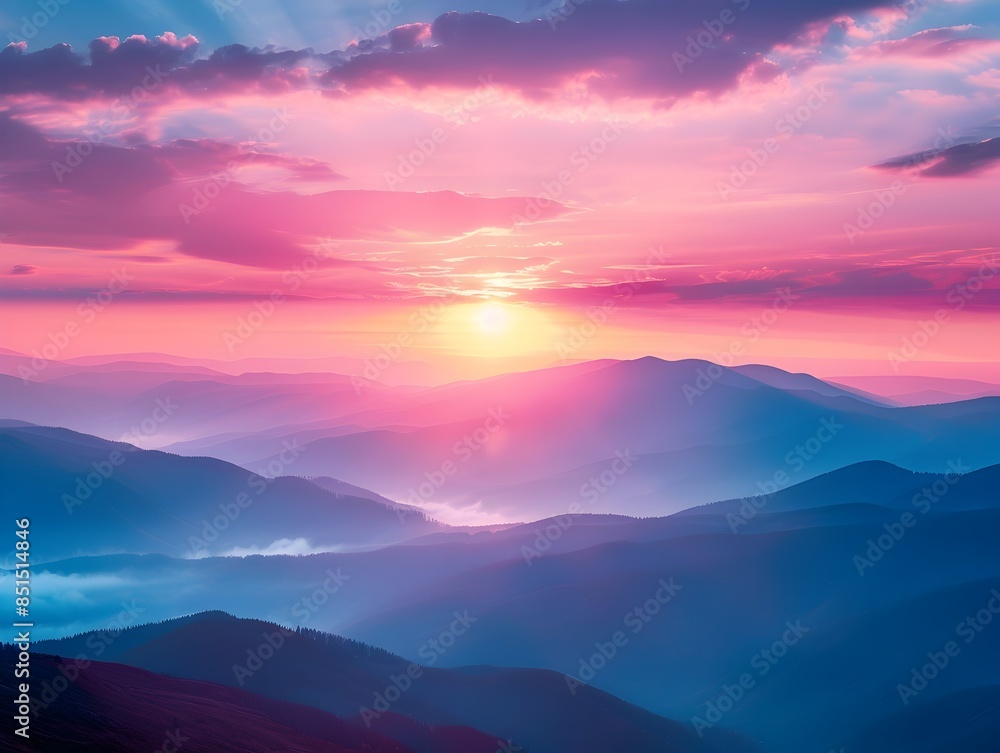 Fototapeta premium Breathtaking Sunset Over Majestic Mountain Peaks Serene Wilderness Landscape with Vibrant Sky