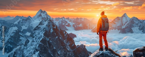 Mountain Trekker s Awe Inspiring Dawn View Over Majestic Snow Capped Peaks photo