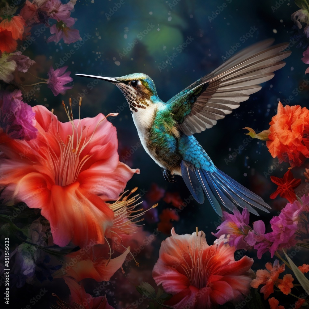 A hummingbird is flying in front of some flowers A hummingbird is flying in front of some flowers