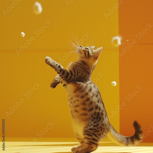 A tabby cat playfully batting at invisible creatures on a sunny yellow stage photo