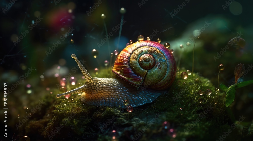 Iridescent snail in a magical fairy forest Iridescent snail in a magical fairy forest