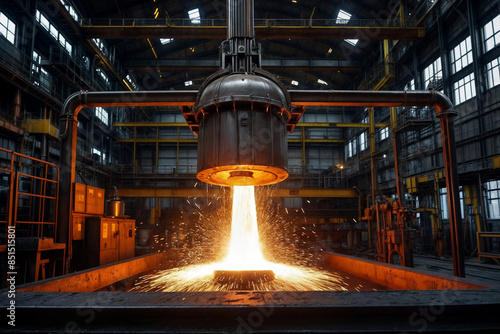 View of liquid iron molten metal pouring in container in industrial metallurgical factory, foundry cast on plant, indoors. Industry background. Heavy industry concept. Copy ad text space photo