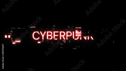 3D rendering Cyberpunk text with screen effects of technological glitches