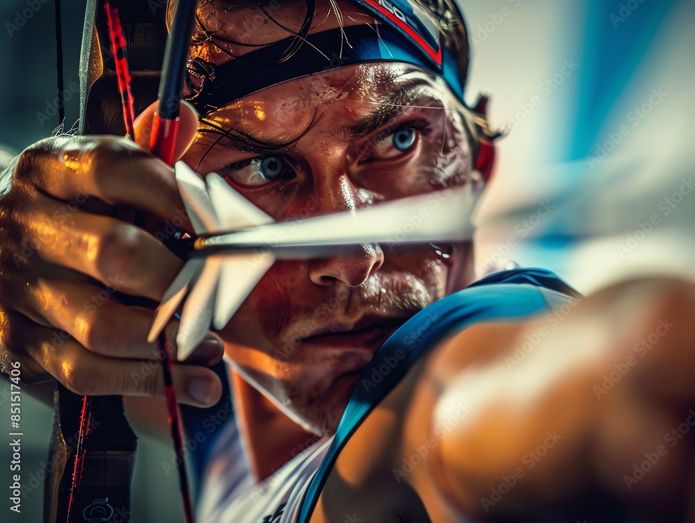 Fototapeta premium Close-up of an archer aiming his bow and arrow