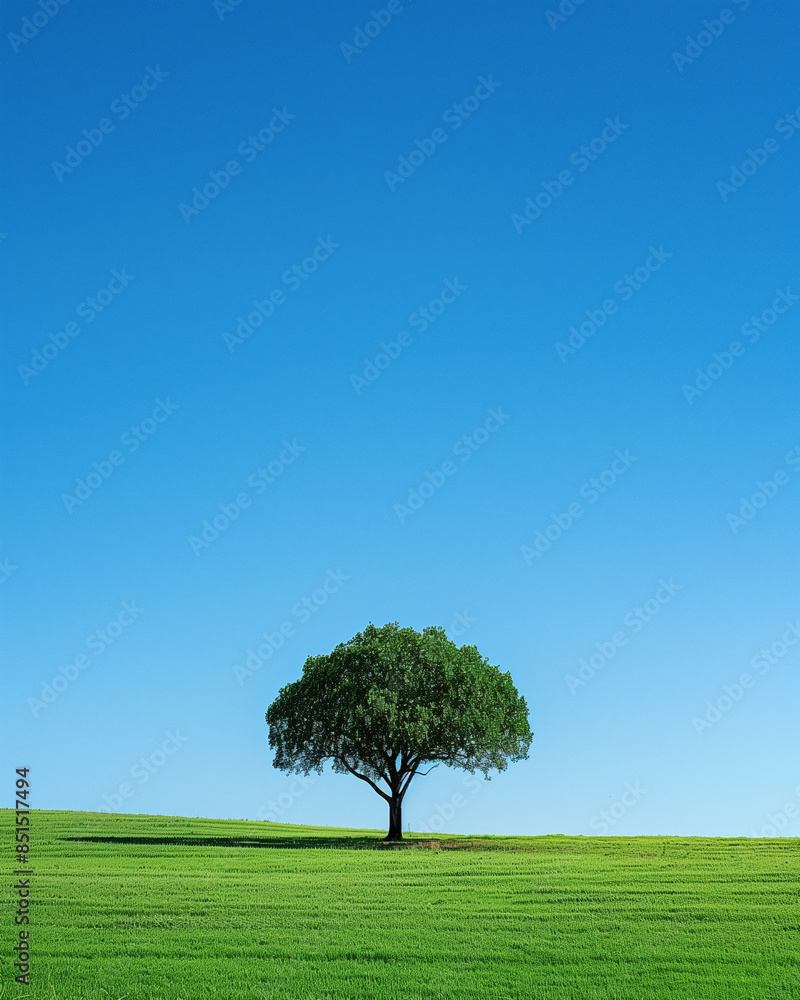 bold image of a low angle shot focusing on a single strong, lush tree on an open vibrant field under a clear, clean and calm blue sky in daylight. The vibrant greens, blues and the serene solitude bold image of a low angle shot focusing on a single strong, lush tree on an open vibrant field under a clear, clean and calm blue sky in daylight. The vibrant greens, blues and the serene solitude