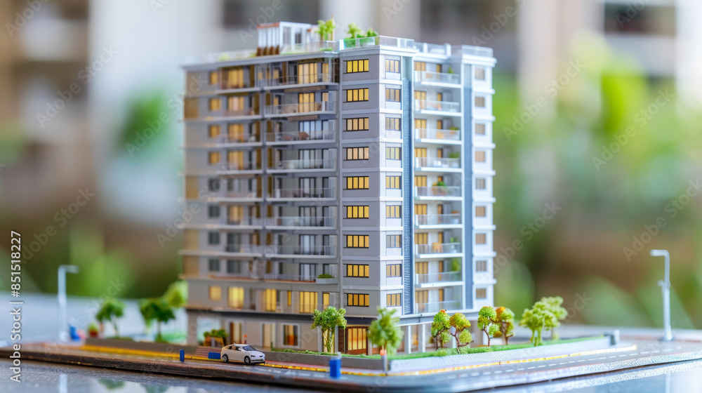 A multi-storey real estate building, a multi-storey building with trees, a miniature model of a house. A multi-storey real estate building, a multi-storey building with trees, a miniature model of a house.