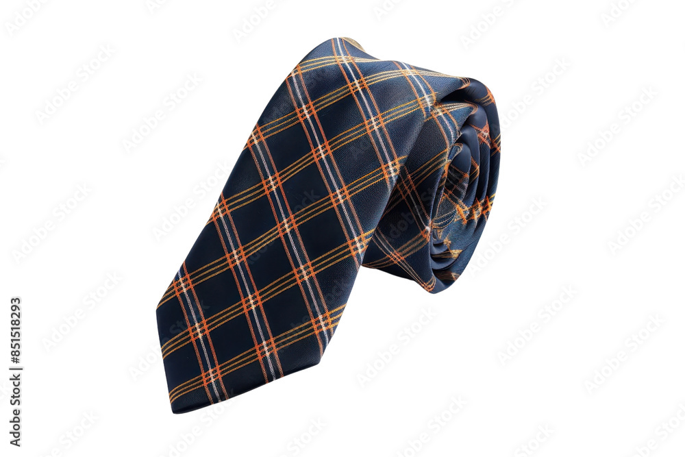 A neatly rolled navy blue tie featuring an elegant orange and white checkered pattern. Ideal for formal and business attire. A neatly rolled navy blue tie featuring an elegant orange and white checkered pattern. Ideal for formal and business attire.