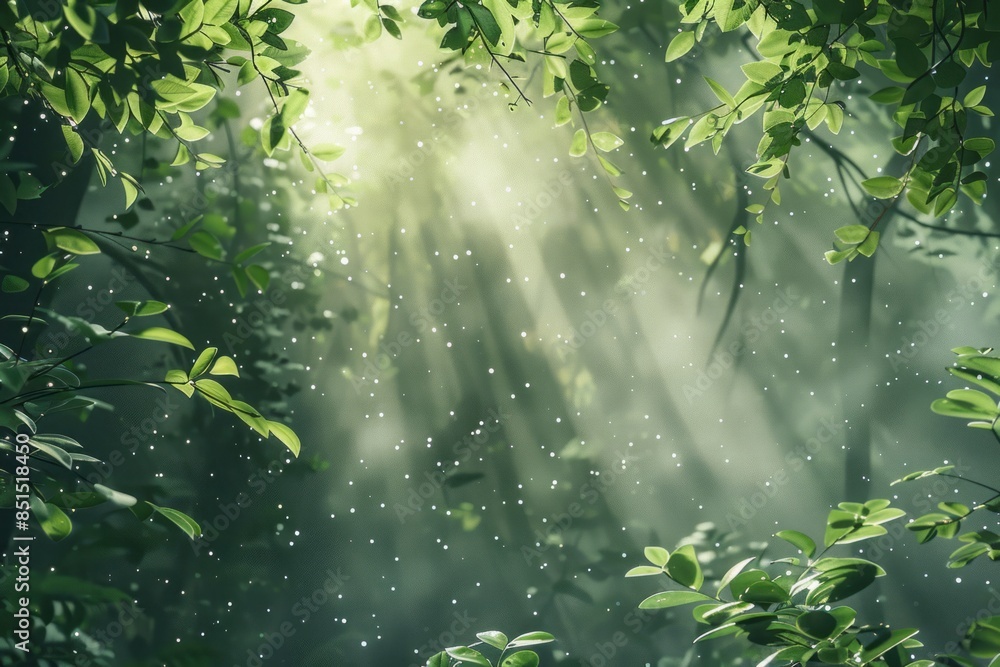 Fototapeta premium A calm, mist-covered woodland with shafts of sunlight breaking through the trees, casting long, soft shadows on the forest floor