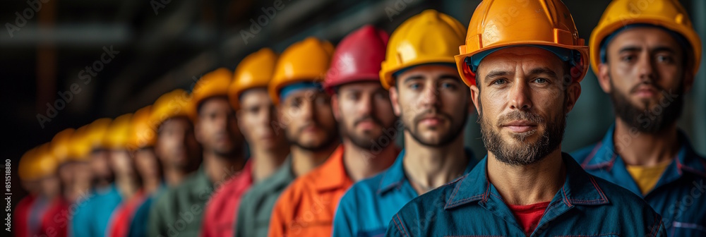 Line of male workers in hardhats, concept of strength and teamwork, Labor Day Line of male workers in hardhats, concept of strength and teamwork, Labor Day