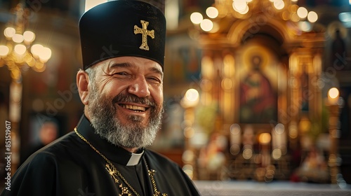 Christian orthodox priest standing in Holy Church, wearing a golden cross ,Black big hat, golden cross necklace, black cassock and clerical collar photo