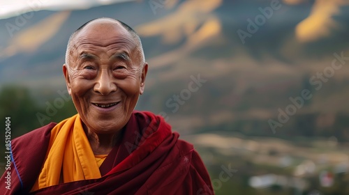 Dalai lama wearing traditional maroon and saffron robes, standing and smiling in nature and mountain background, peace and meditation concept