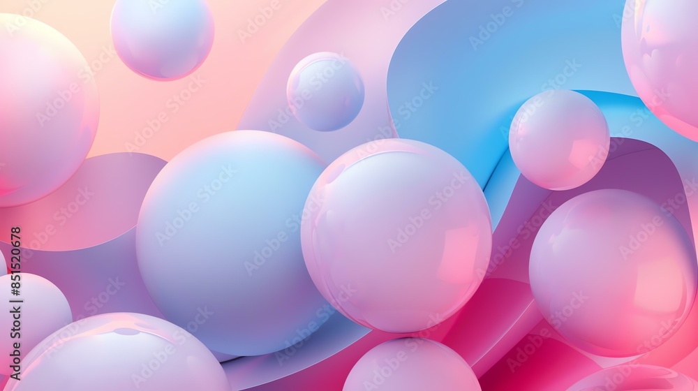 3D rendering of a soft pastel colored abstract background with a cluster of floating spheres in various sizes.