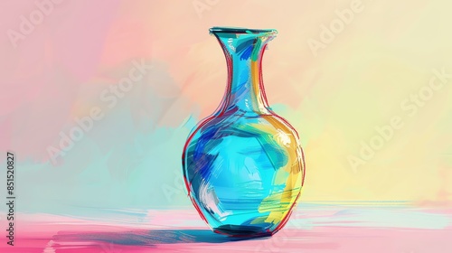 This is a painting of a blue vase. The vase is sitting on a table. The background is a light pink color.