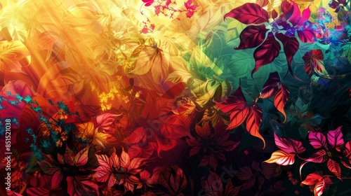 Enchanting Fantasy Wallpaper: Nature-Inspired Patterns in Bold Colors with Surreal Backlight and Low Angle View © Chiradet
