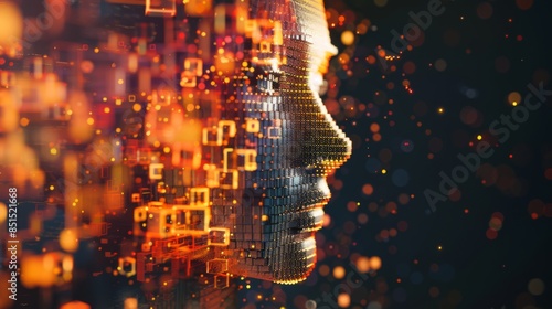 Digital face with glowing orange cubes creating a vibrant, futuristic visual effect