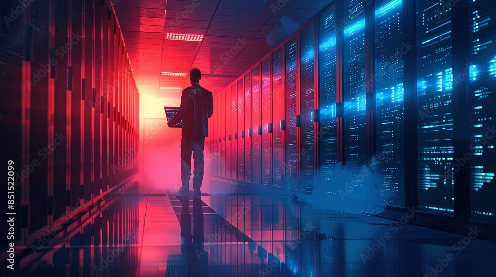 Intense red lighting casts a dramatic silhouette of a technician standing with a laptop in a high-tech server room Intense red lighting casts a dramatic silhouette of a technician standing with a laptop in a high-tech server room