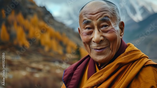 Dalai lama smiling and wearing traditional maroon and saffron robes, He is on a journey to seek peace in isolation on mountains