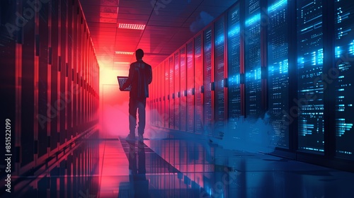 Intense red lighting casts a dramatic silhouette of a technician standing with a laptop in a high-tech server room